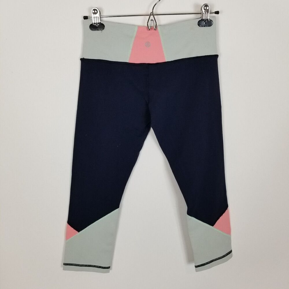 Lululemon Women Cropped Legging Pants‎ Size 6 Navy Green Pink Elastic Waist Yoga - Picture 3 of 5